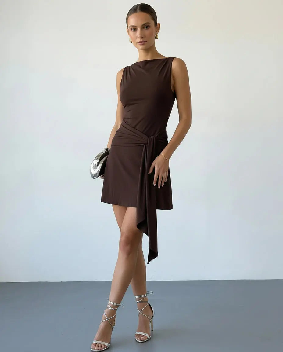 SOLACE  Brown Boat Neck Sleeveless Side Tie Waist Mini Dress 