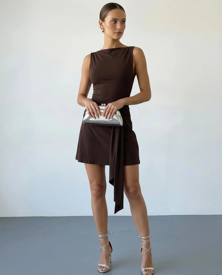 SOLACE  Brown Boat Neck Sleeveless Side Tie Waist Mini Dress 