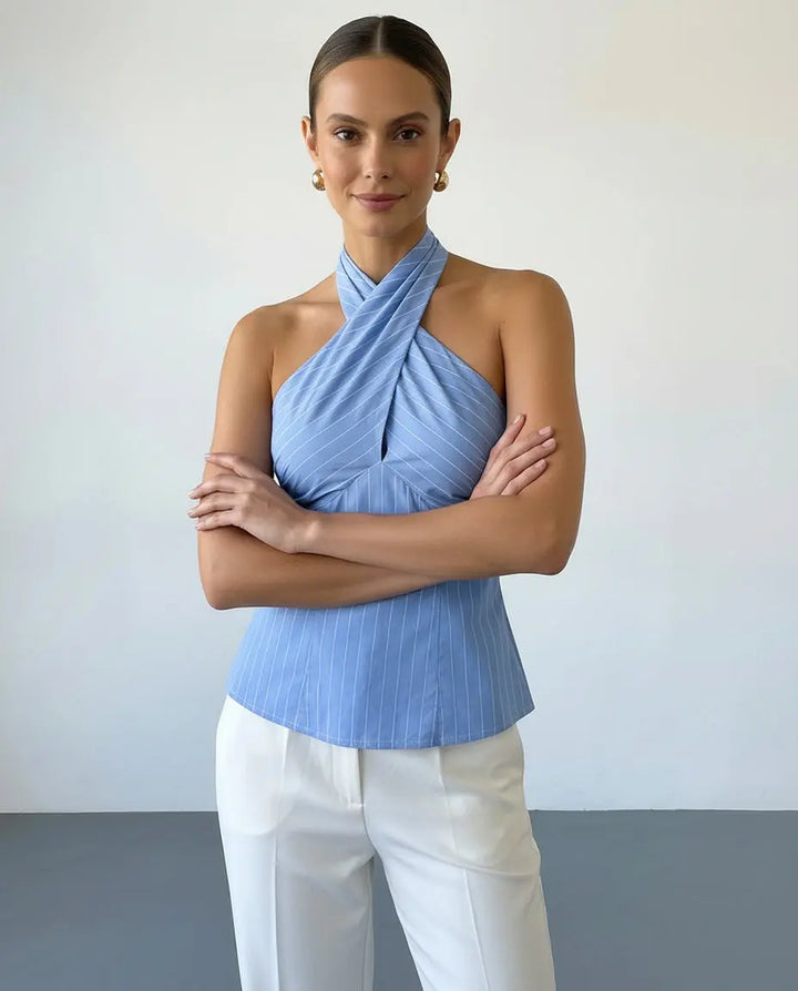SOLACE  Blue Striped Halter Large Back Bow Tie Backless Top 