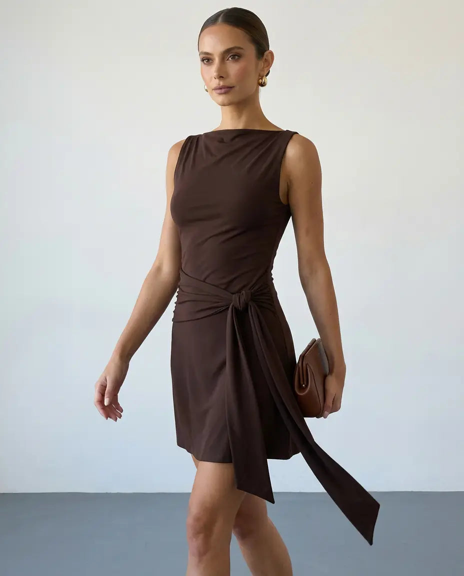 SOLACE  Brown Boat Neck Sleeveless Side Tie Waist Mini Dress 