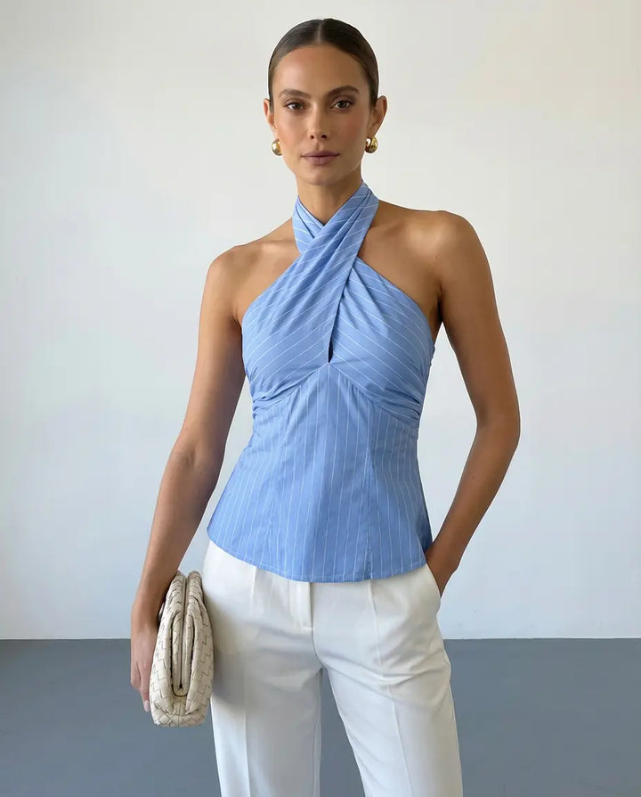 SOLACE  Blue Striped Halter Large Back Bow Tie Backless Top 