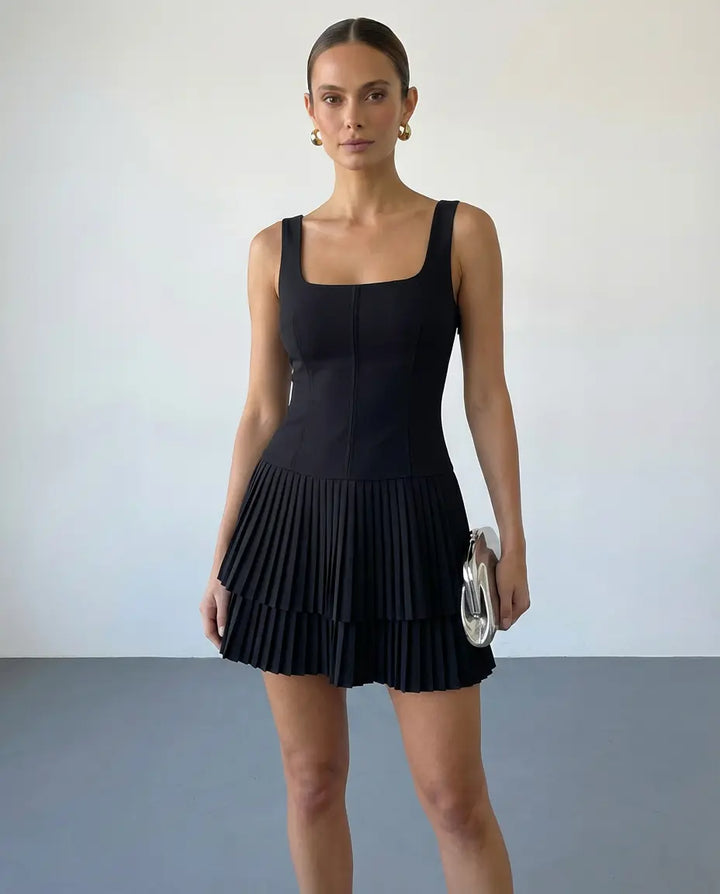 SOLACE  Black Square Neck Sleeveless Tiered Pleated Mini Dress 
