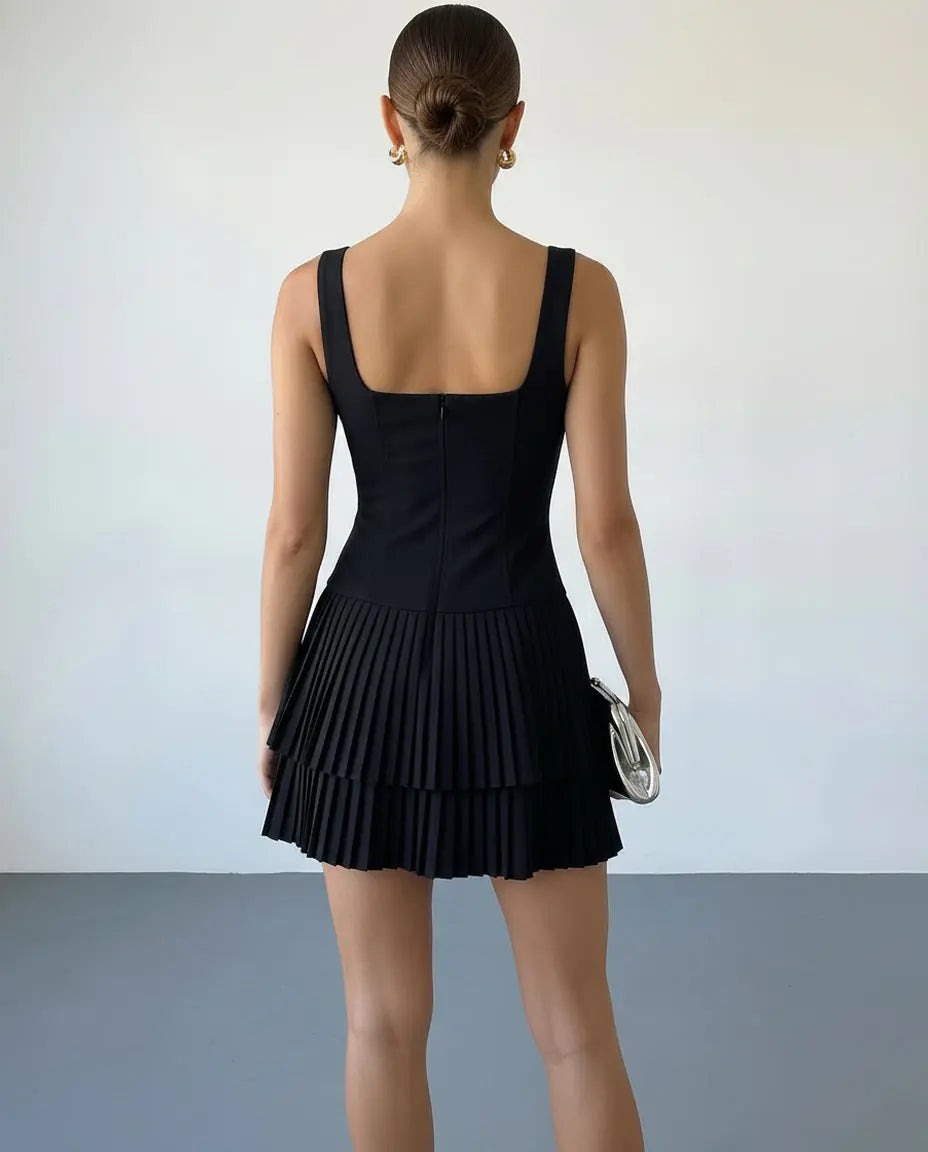 SOLACE  Black Square Neck Sleeveless Tiered Pleated Mini Dress 