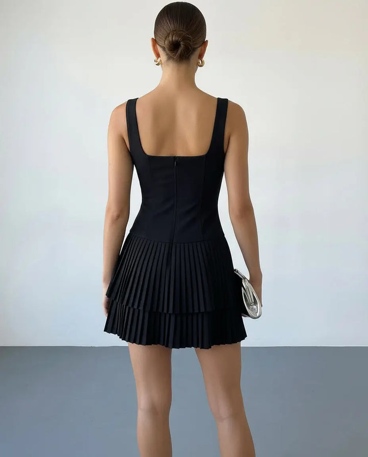 SOLACE  Black Square Neck Sleeveless Tiered Pleated Mini Dress 