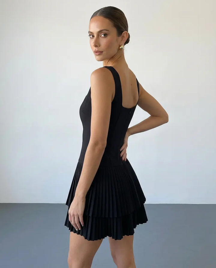 SOLACE  Black Square Neck Sleeveless Tiered Pleated Mini Dress 