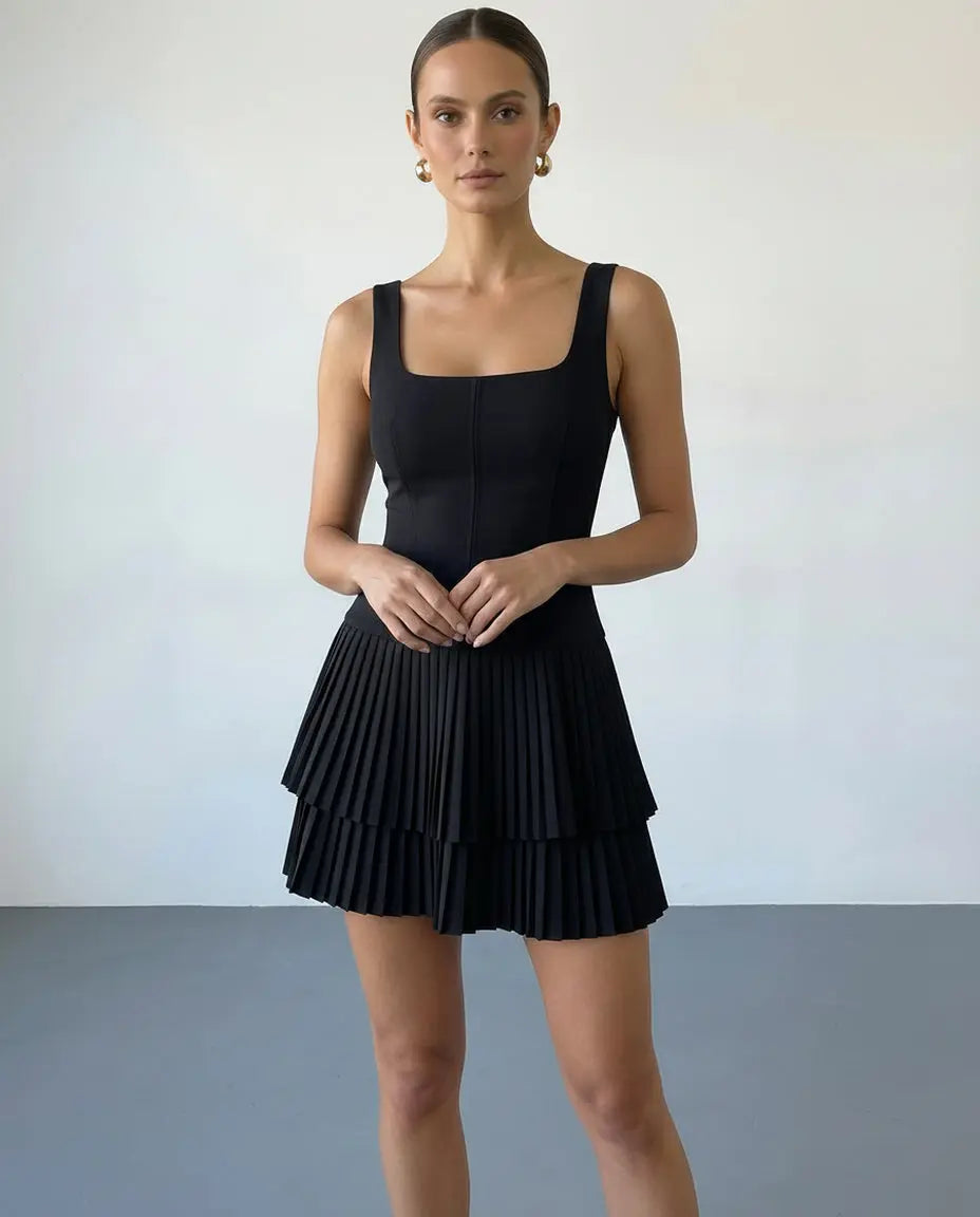 SOLACE  Black Square Neck Sleeveless Tiered Pleated Mini Dress 