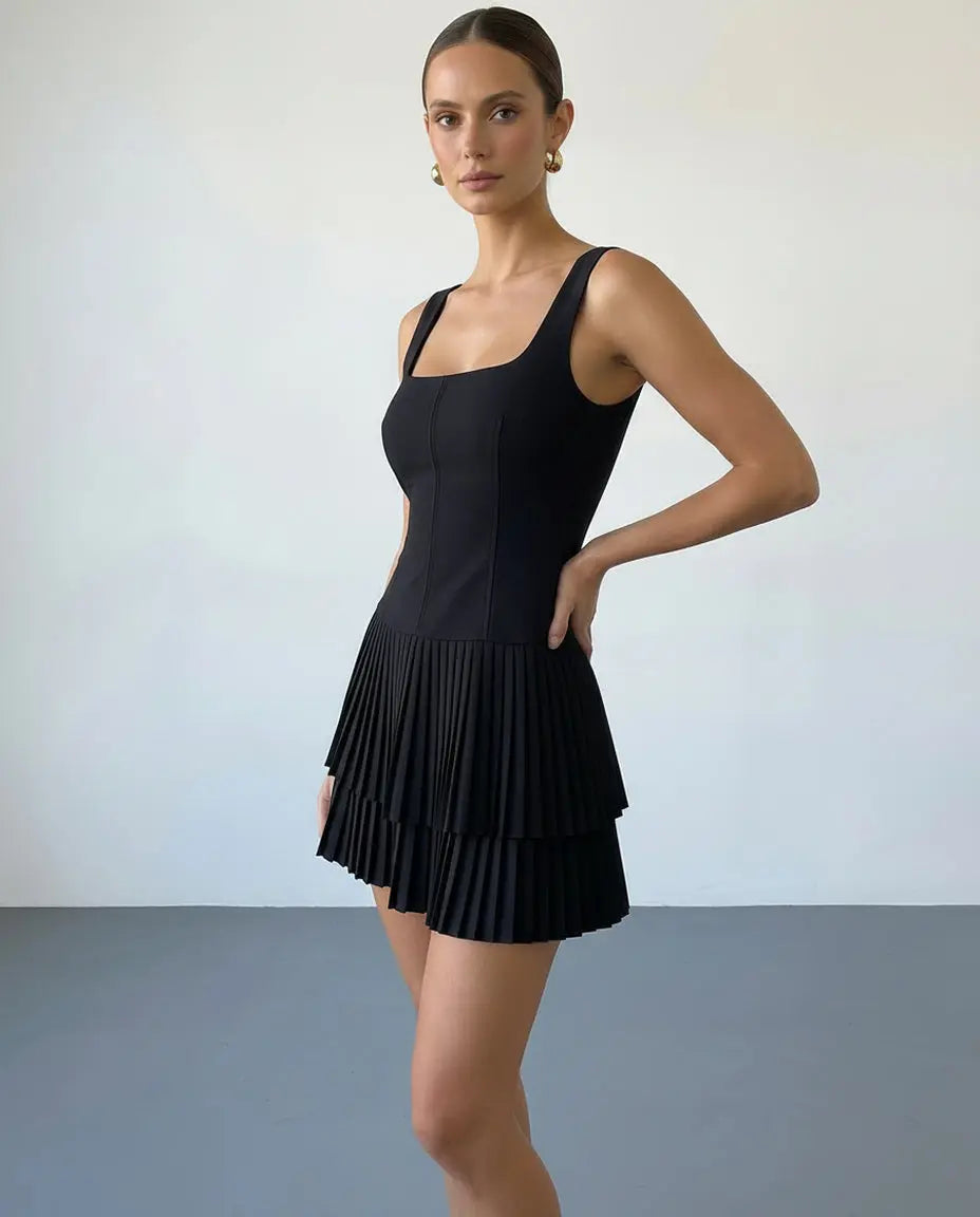 SOLACE  Black Square Neck Sleeveless Tiered Pleated Mini Dress 