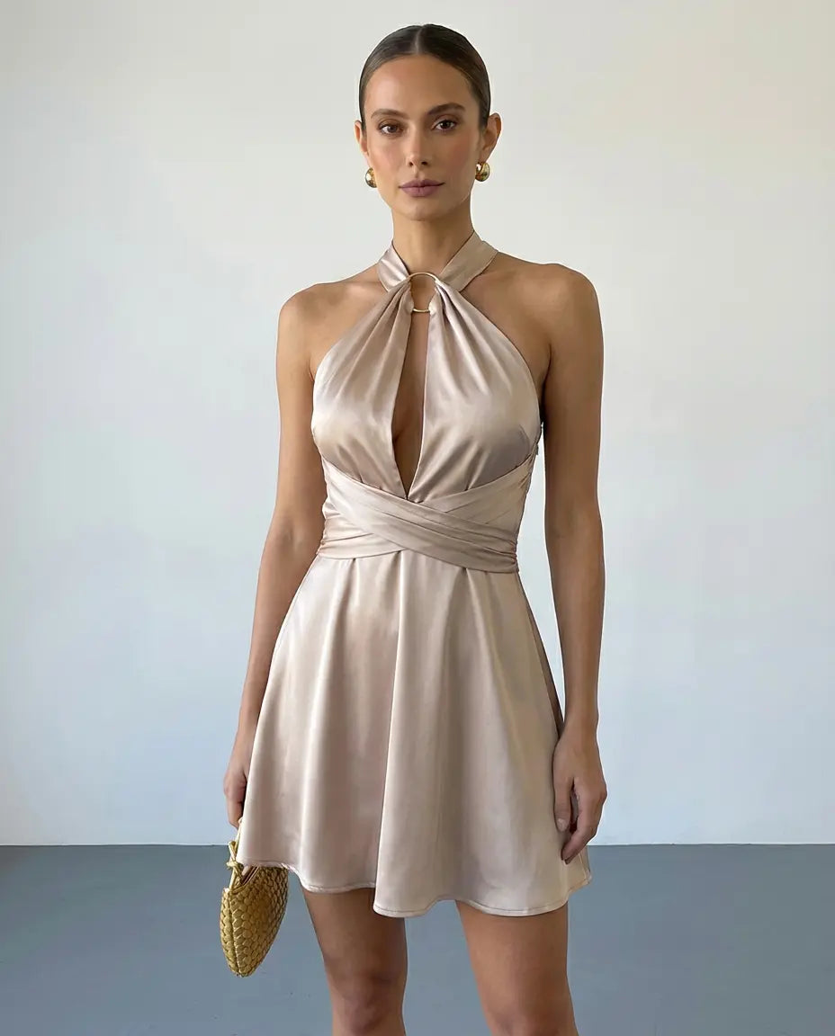 SOLACE  Satin Halter Neck Deep V Keyhole Backless Mini Dress 