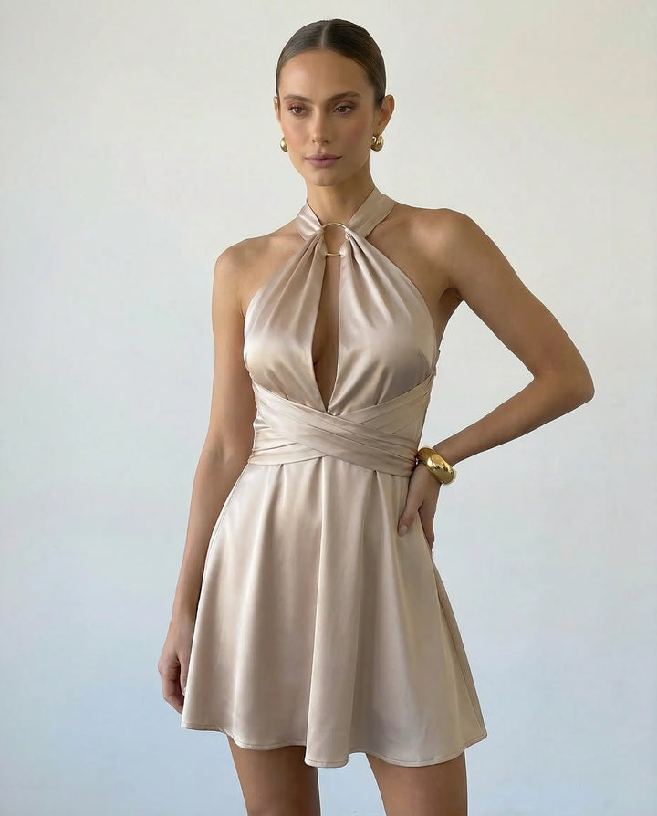 SOLACE  Satin Halter Neck Deep V Keyhole Backless Mini Dress 