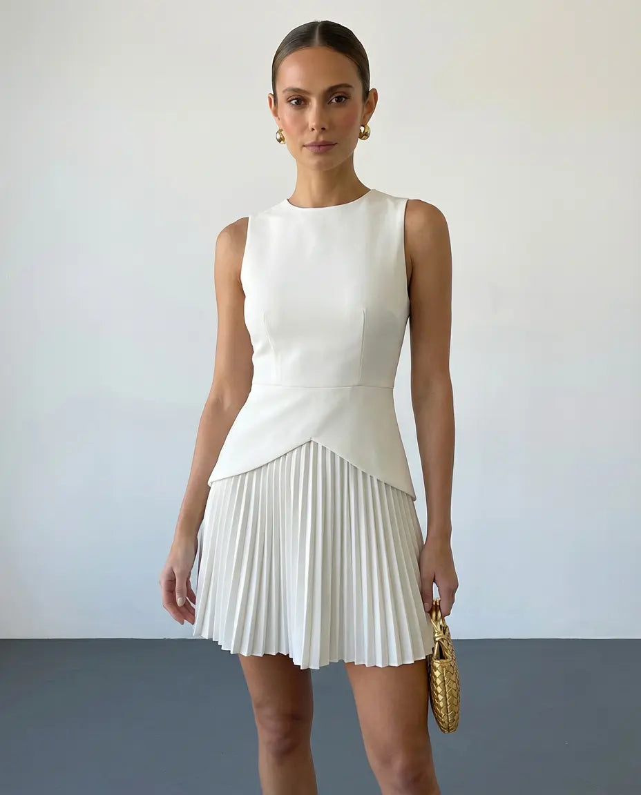 SOLACE  White Round Neck Sleeveless Peplum Pleated Mini Dress 