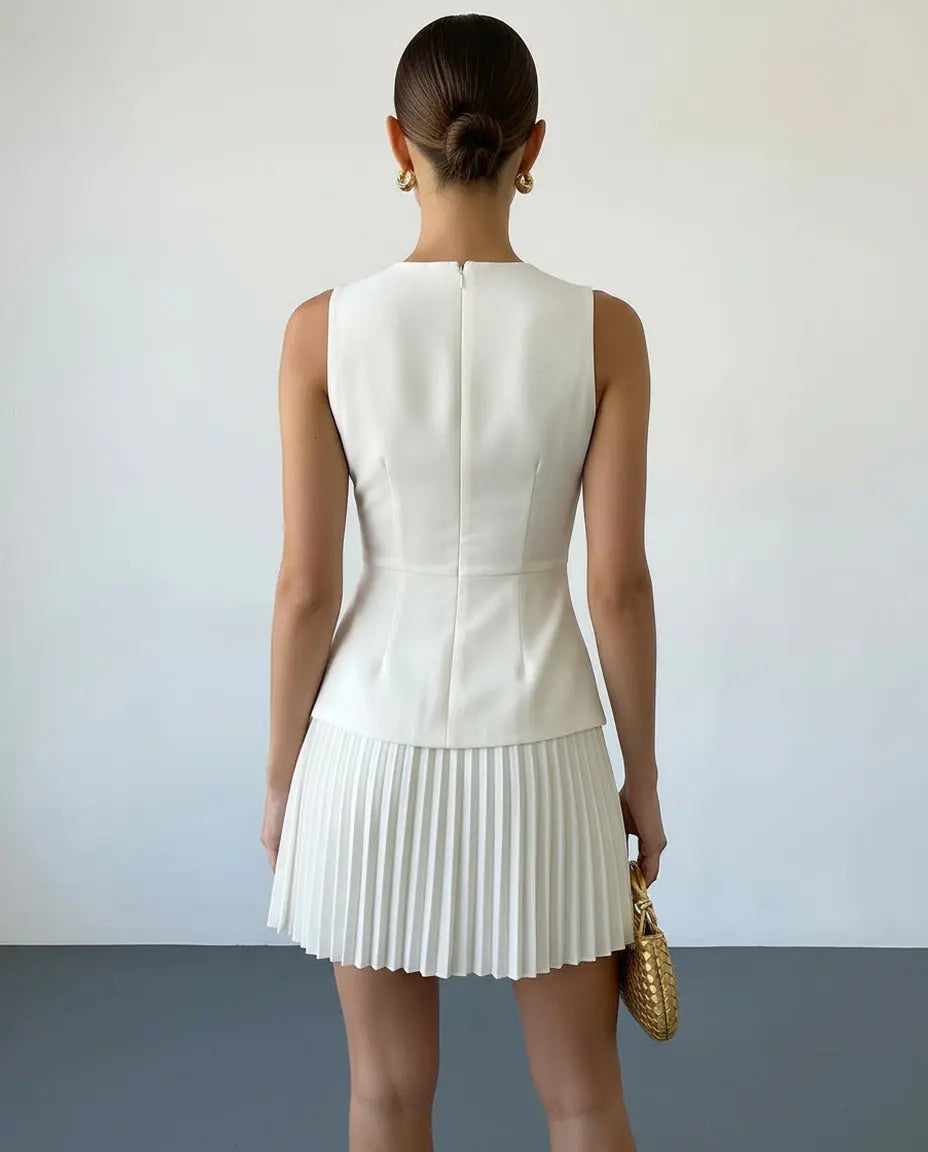 SOLACE  White Round Neck Sleeveless Peplum Pleated Mini Dress 