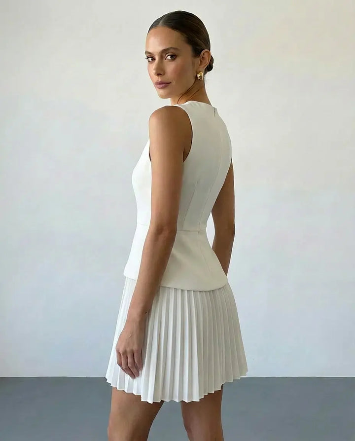 SOLACE  White Round Neck Sleeveless Peplum Pleated Mini Dress 