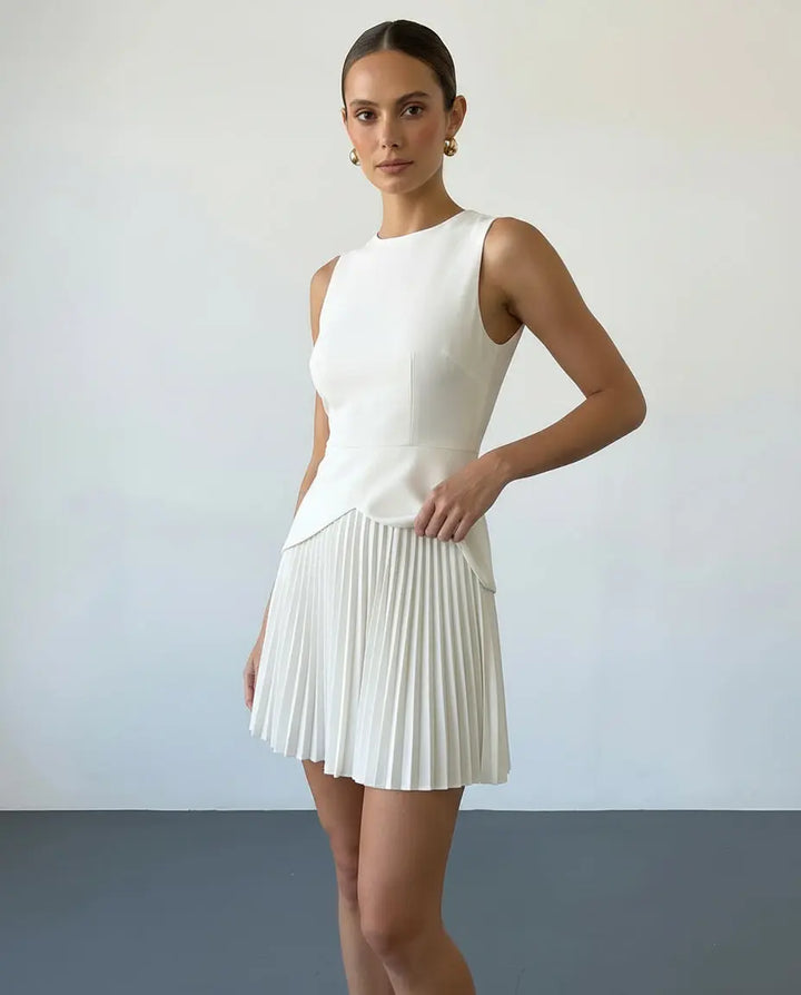 SOLACE  White Round Neck Sleeveless Peplum Pleated Mini Dress 