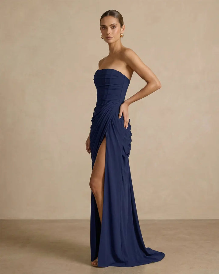 Elegant Corset Back Strapless Draped Side Slit Maxi Dress SOLACE