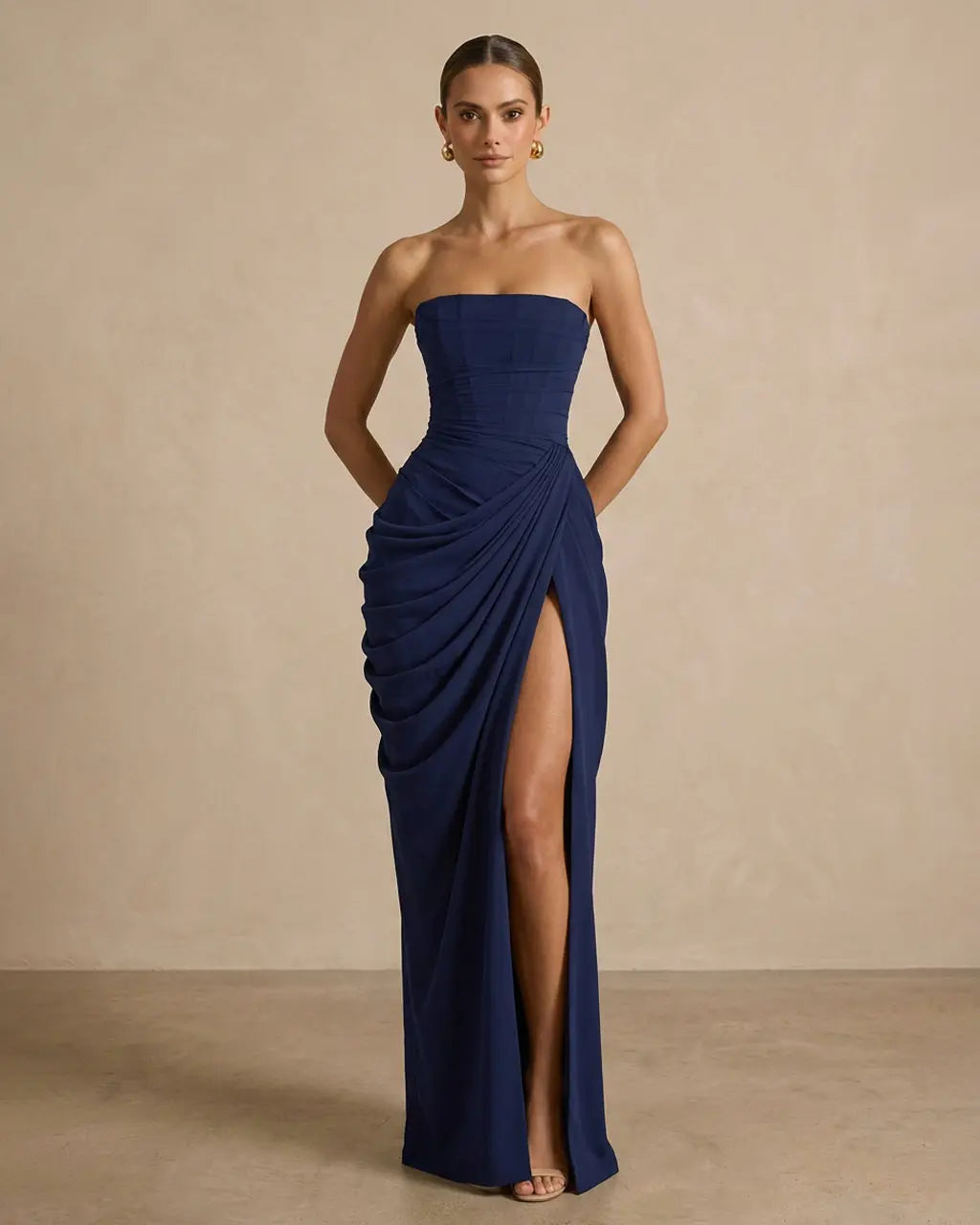 Elegant Corset Back Strapless Draped Side Slit Maxi Dress SOLACE