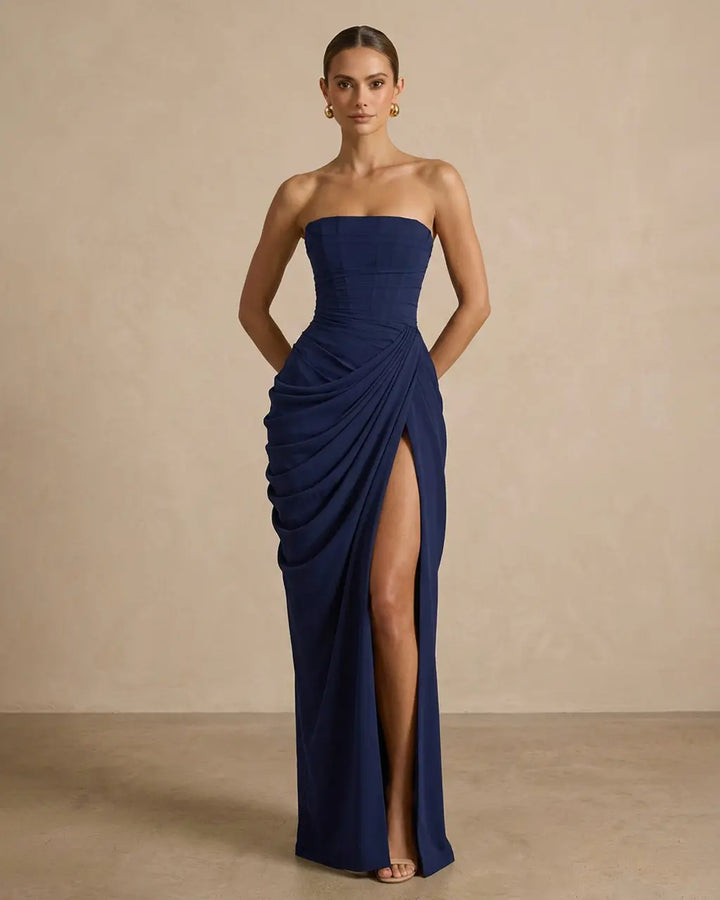 Elegant Corset Back Strapless Draped Side Slit Maxi Dress SOLACE