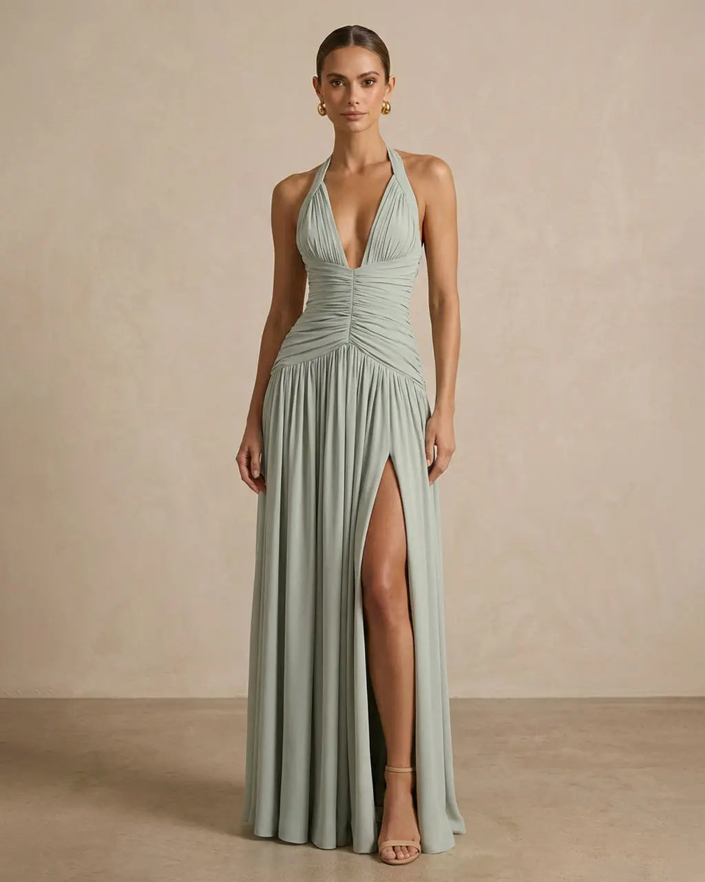 Elegant Pleated Halter Fit High Slit Maxi Dress SOLACE