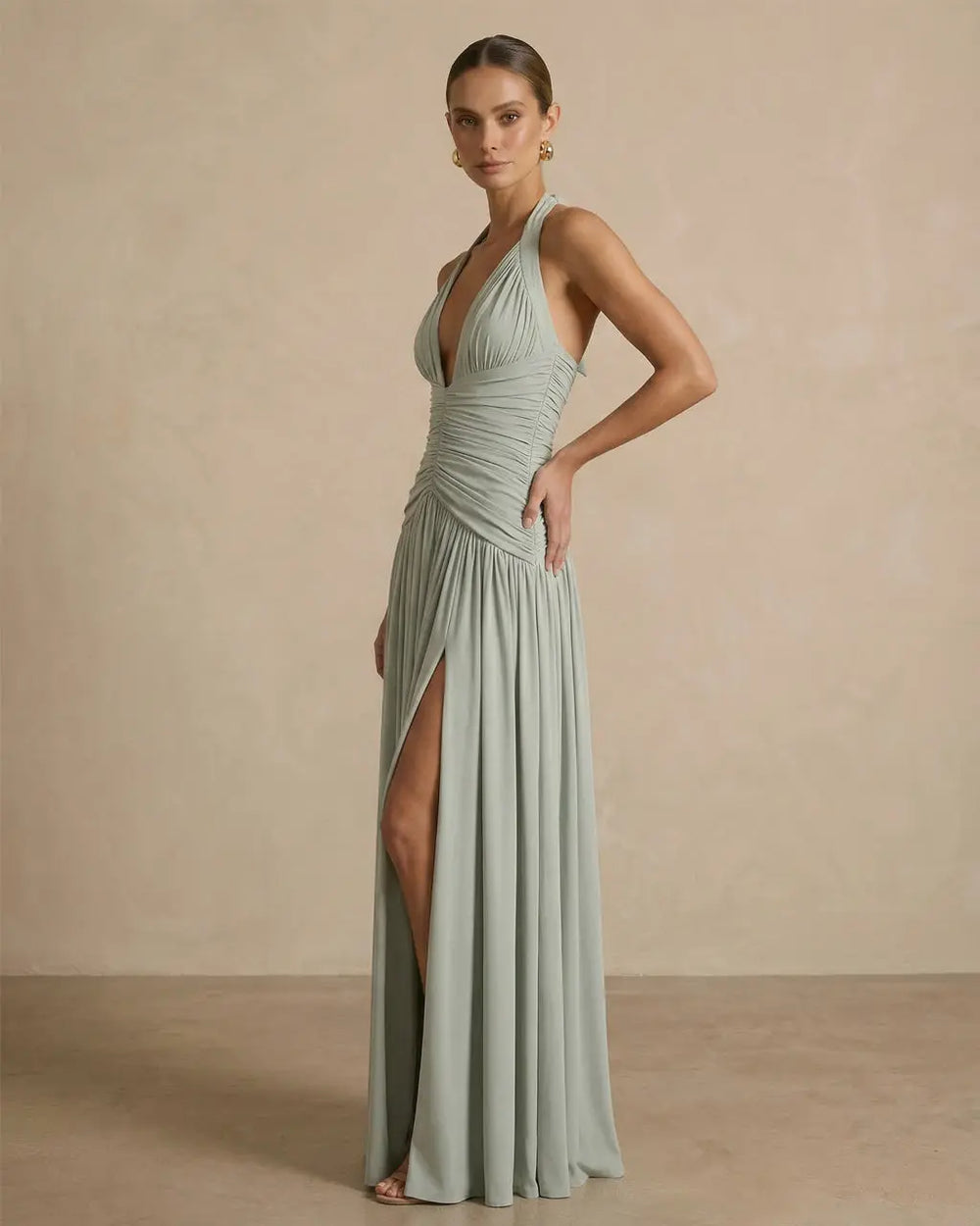 Elegant Pleated Halter Fit High Slit Maxi Dress SOLACE