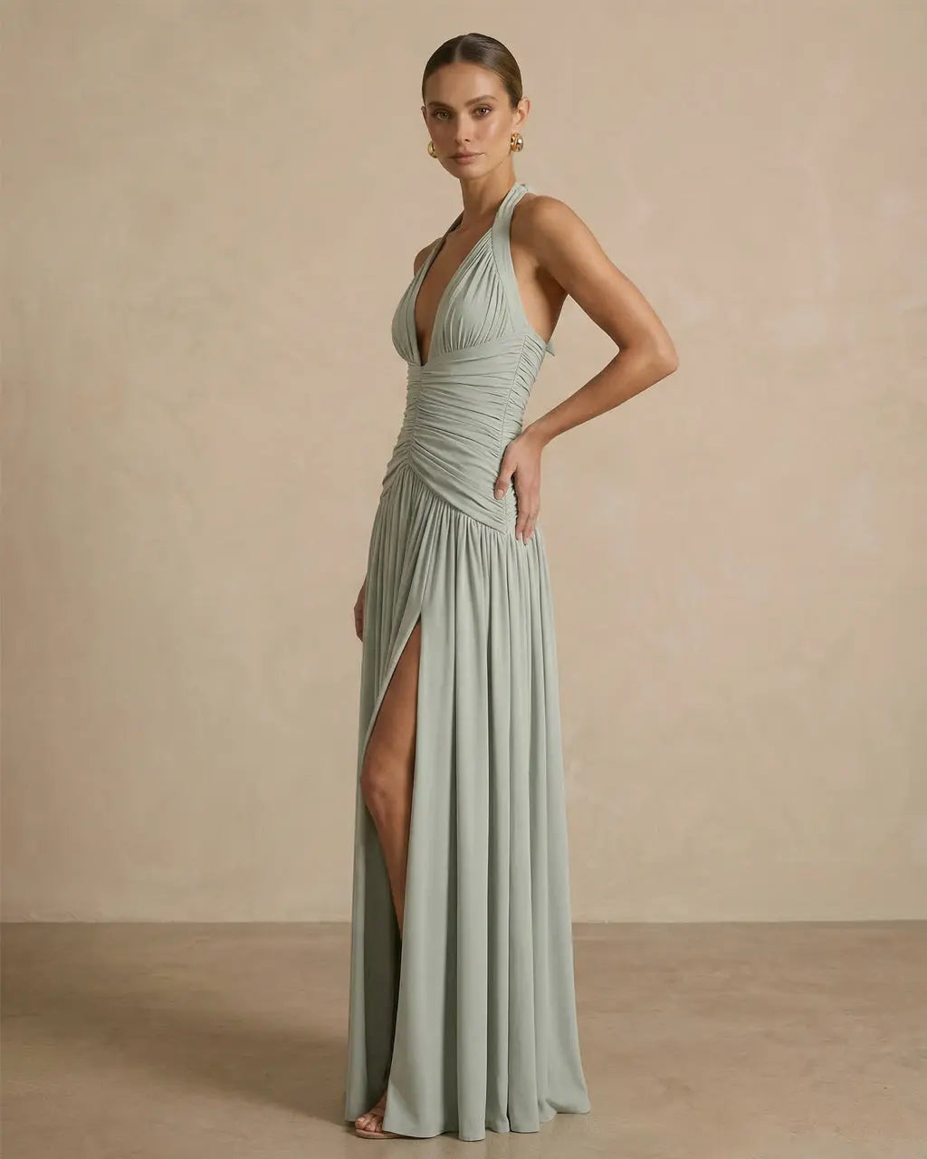 Elegant Pleated Halter Fit High Slit Maxi Dress SOLACE