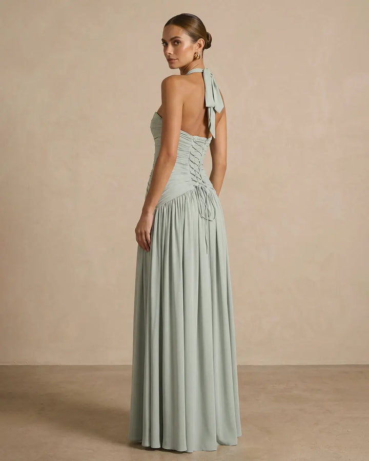 Elegant Pleated Halter Fit High Slit Maxi Dress SOLACE