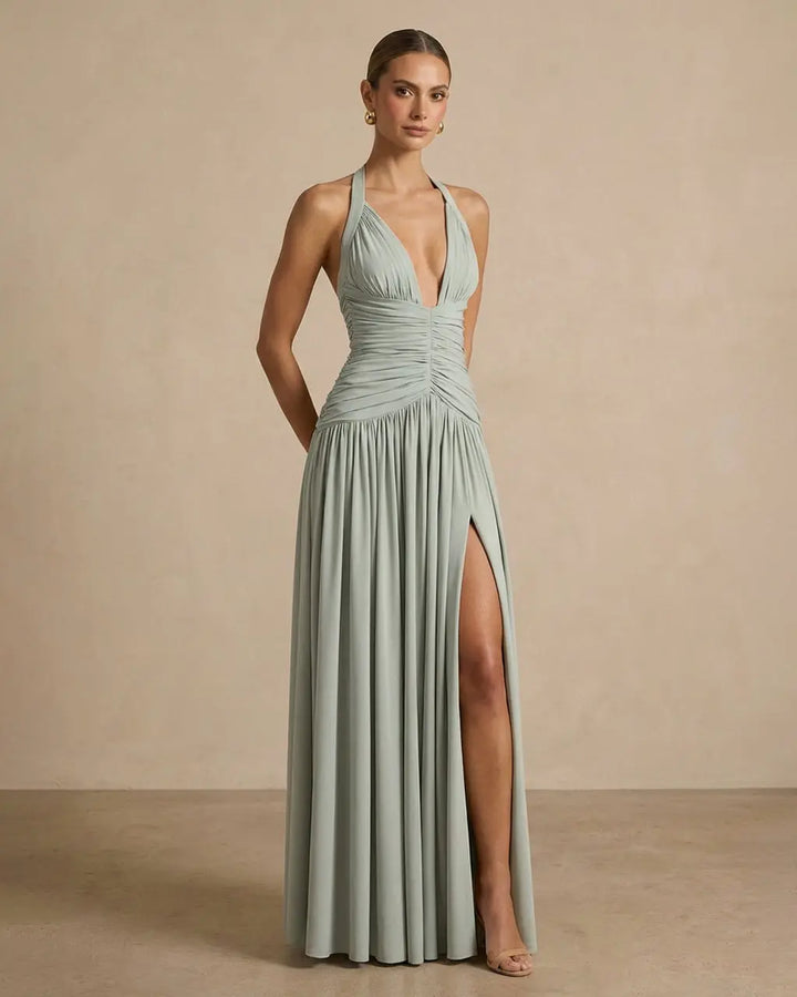 Elegant Pleated Halter Fit High Slit Maxi Dress SOLACE