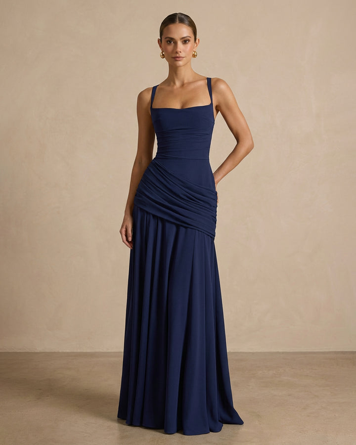 Elegant Square Neck Corset Back Lace Up Maxi Dress