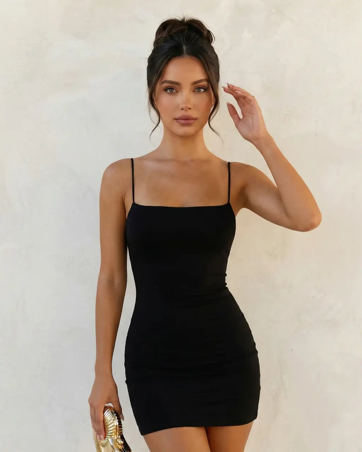 SOLACE  Black Square Neck Spaghetti Strap Backless Mini Dress 