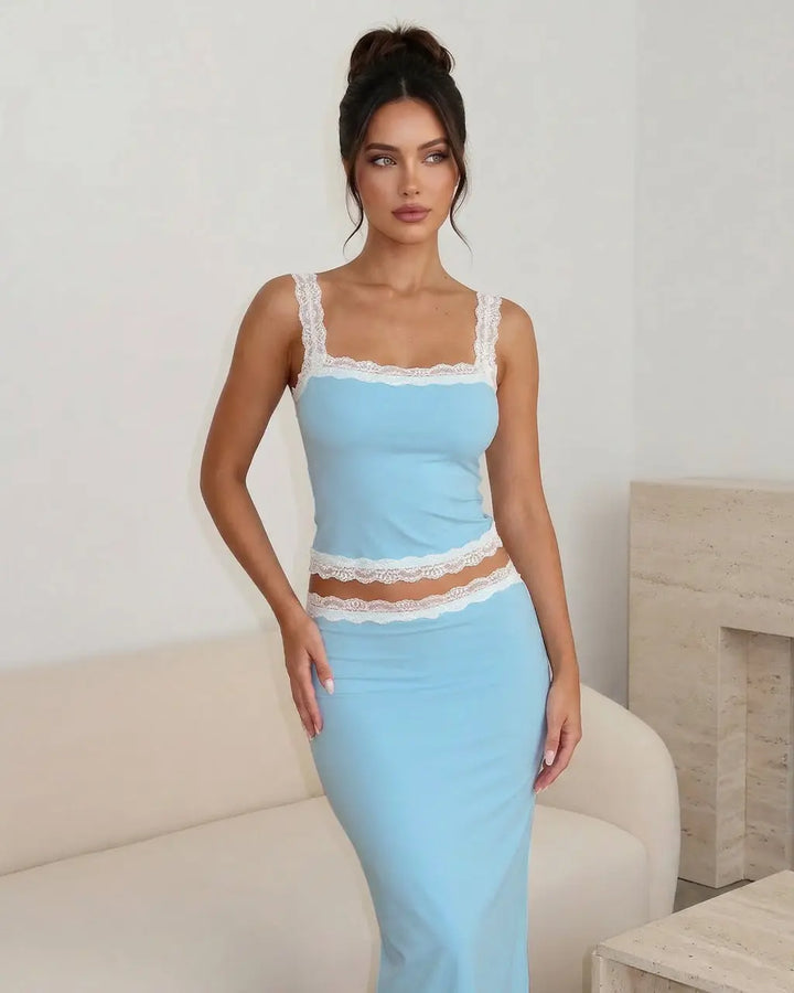 SOLACE  Blue Lace Trim Square Neck Crop Top Bodycon Midi Skirt Set 