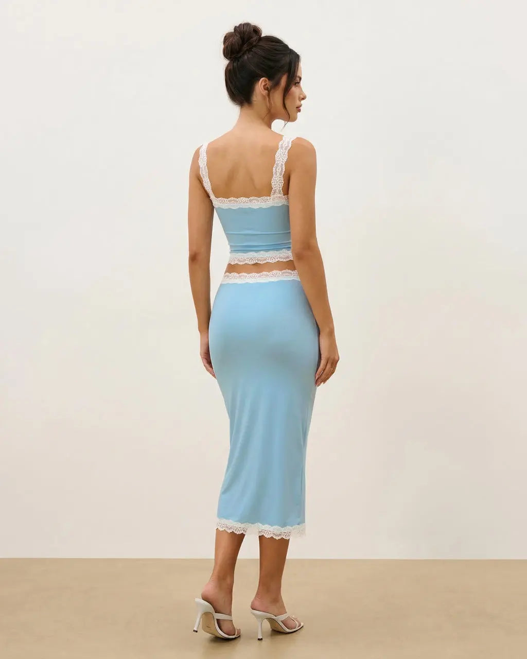 SOLACE  Blue Lace Trim Square Neck Crop Top Bodycon Midi Skirt Set 