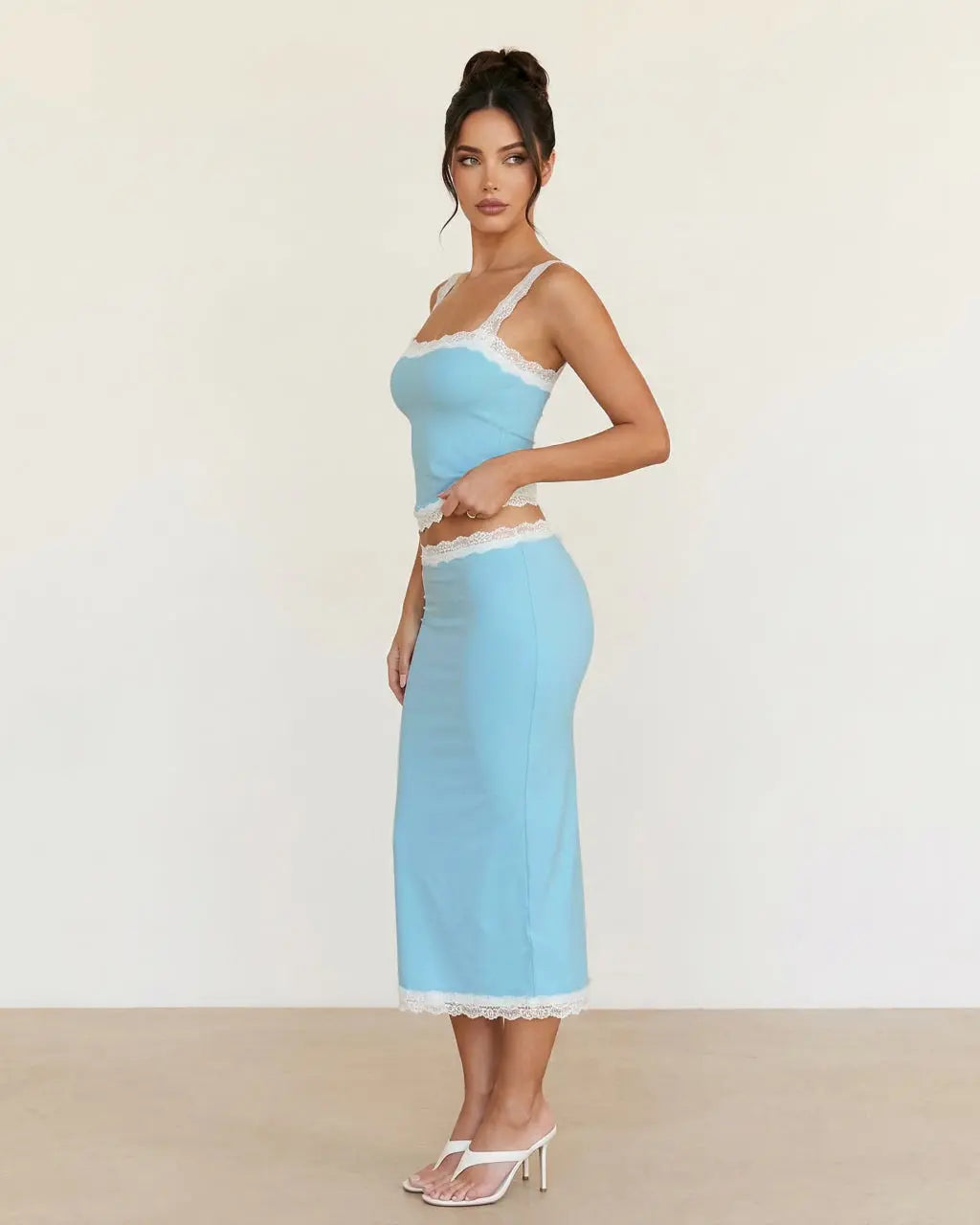 SOLACE  Blue Lace Trim Square Neck Crop Top Bodycon Midi Skirt Set 