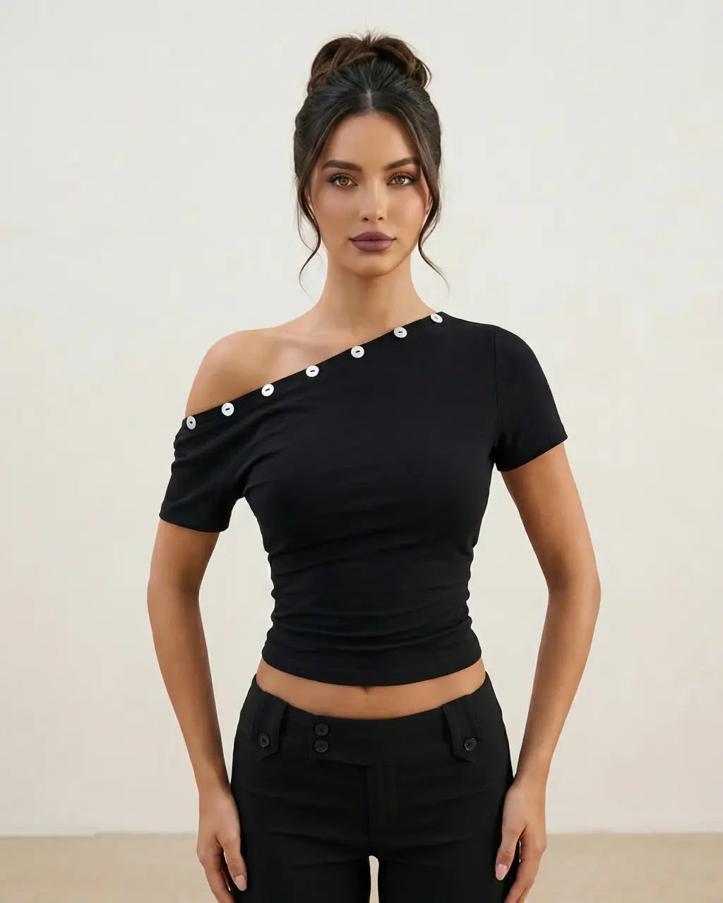 SOLACE  Black Asymmetrical Off Shoulder Button Detail Crop Top 