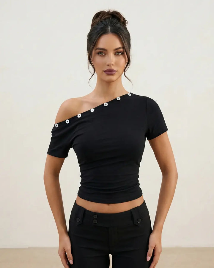 SOLACE  Black Asymmetrical Off Shoulder Button Detail Crop Top 
