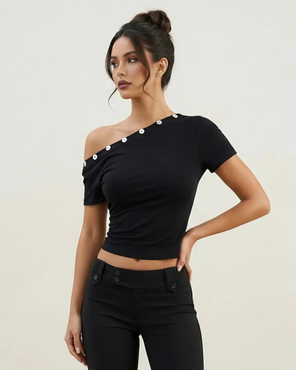 SOLACE  Black Asymmetrical Off Shoulder Button Detail Crop Top 