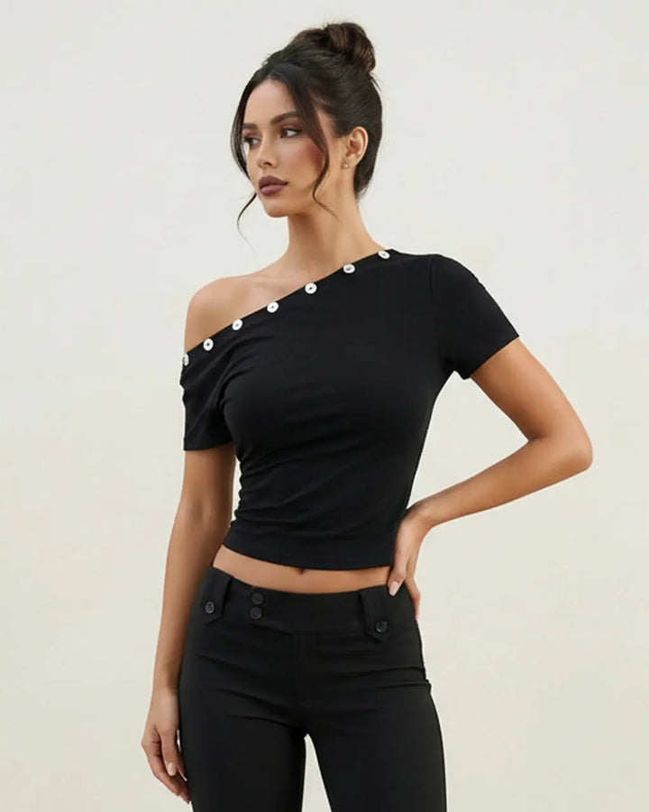 SOLACE  Black Asymmetrical Off Shoulder Button Detail Crop Top 