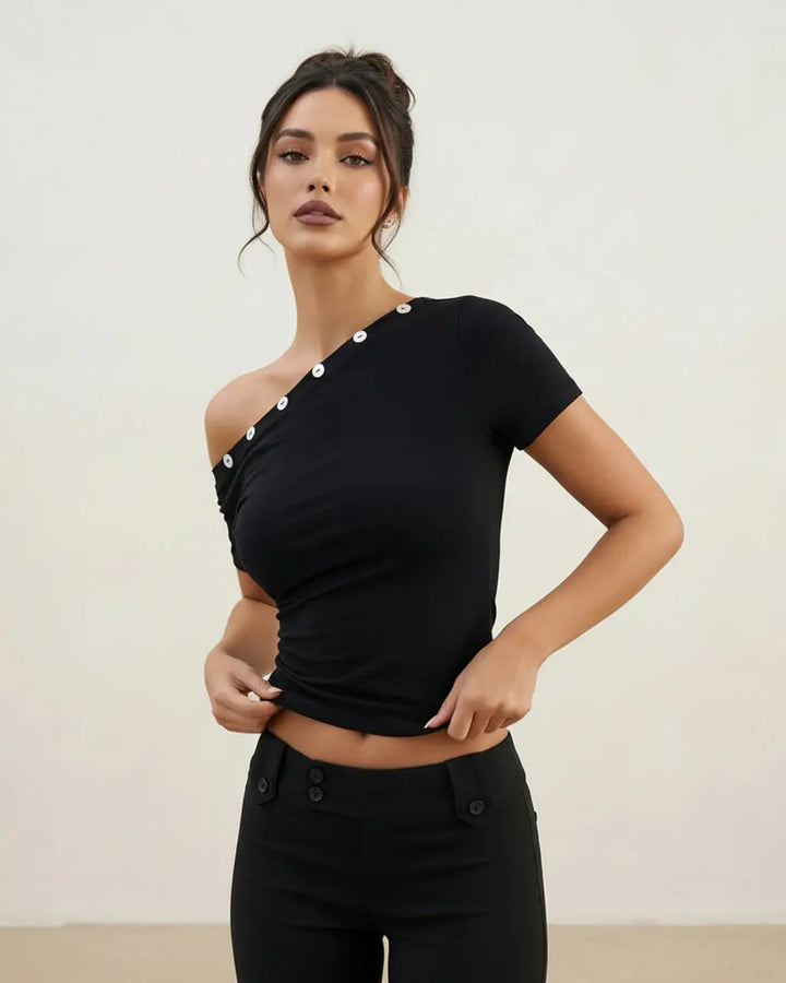 SOLACE  Black Asymmetrical Off Shoulder Button Detail Crop Top 