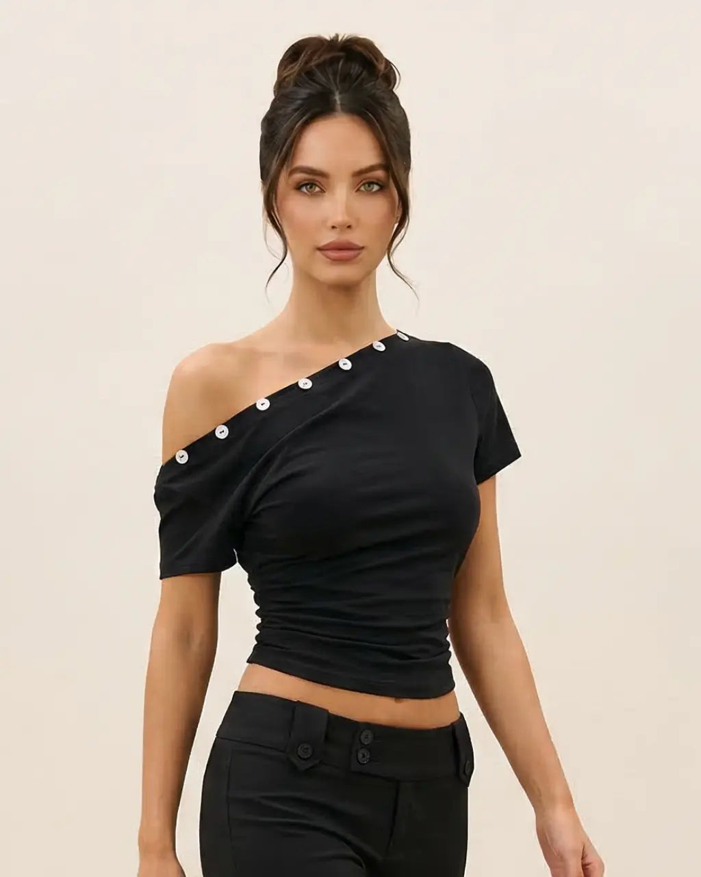 SOLACE  Black Asymmetrical Off Shoulder Button Detail Crop Top 