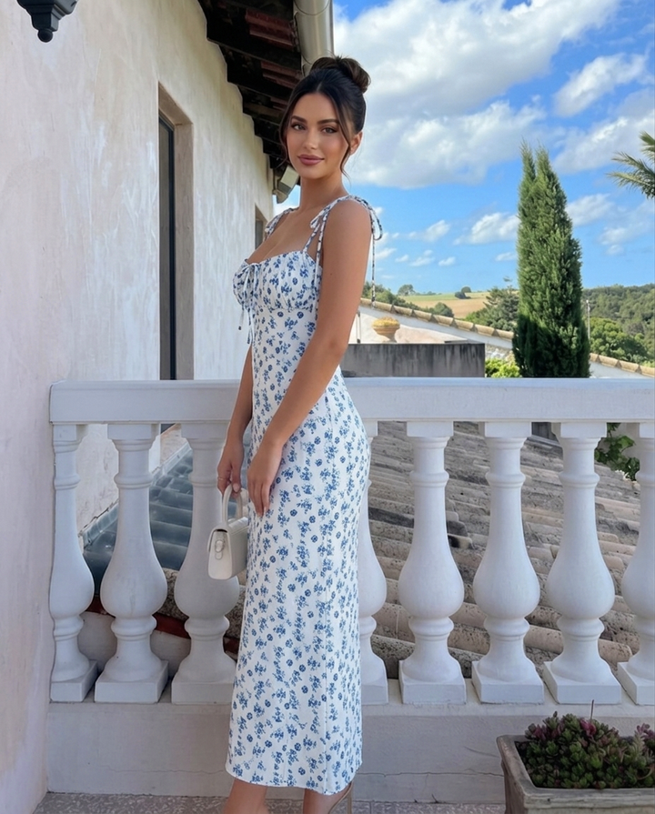 SOLACE  Blue Floral Print Sweetheart Neck Tie Straps Midi Dress 