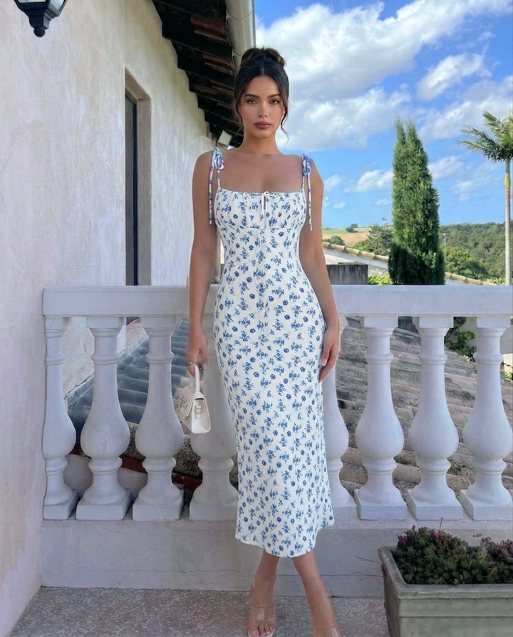 SOLACE  Blue Floral Print Sweetheart Neck Tie Straps Midi Dress 