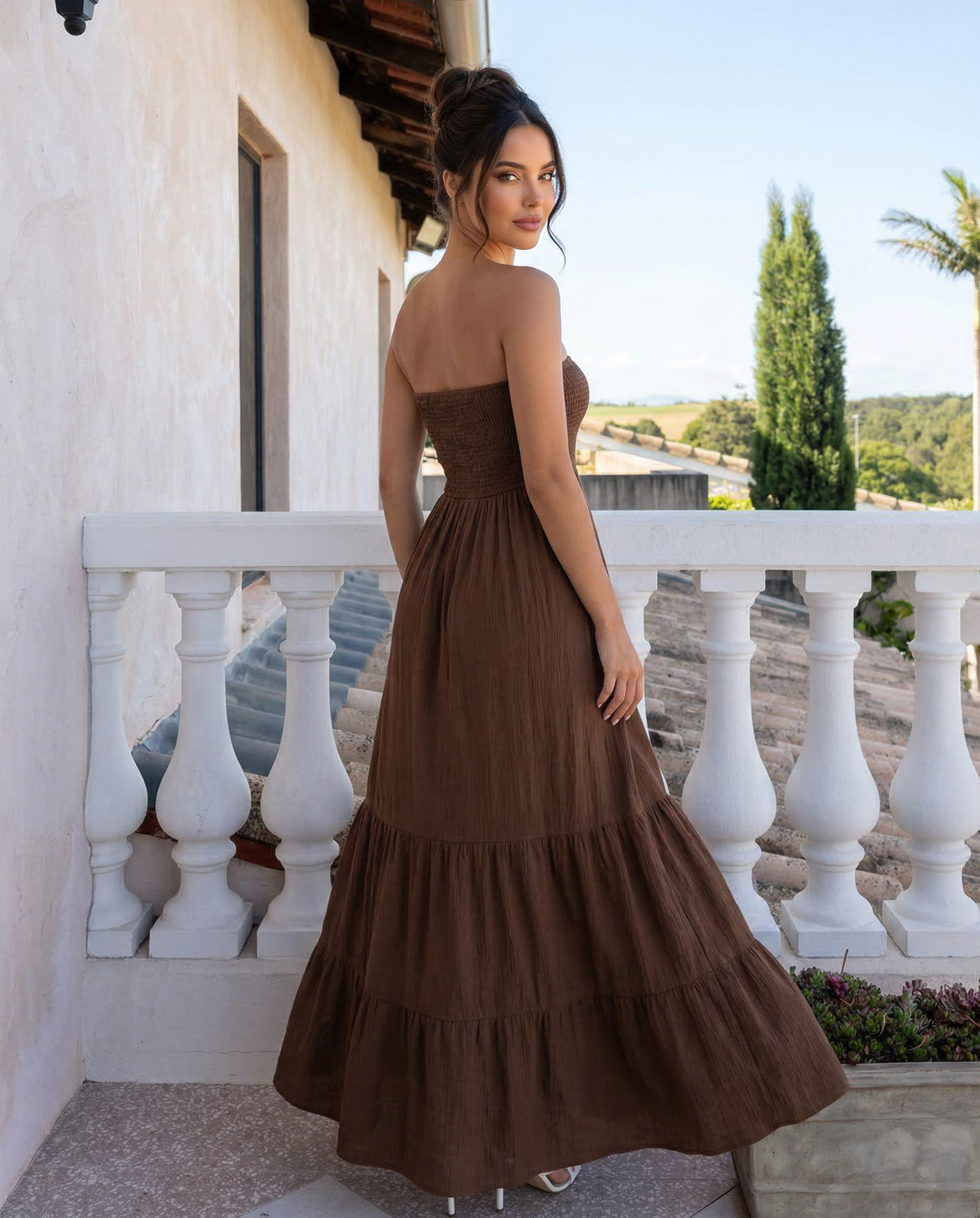 SOLACE  Brown Strapless Smocked Tiered Maxi Dress 