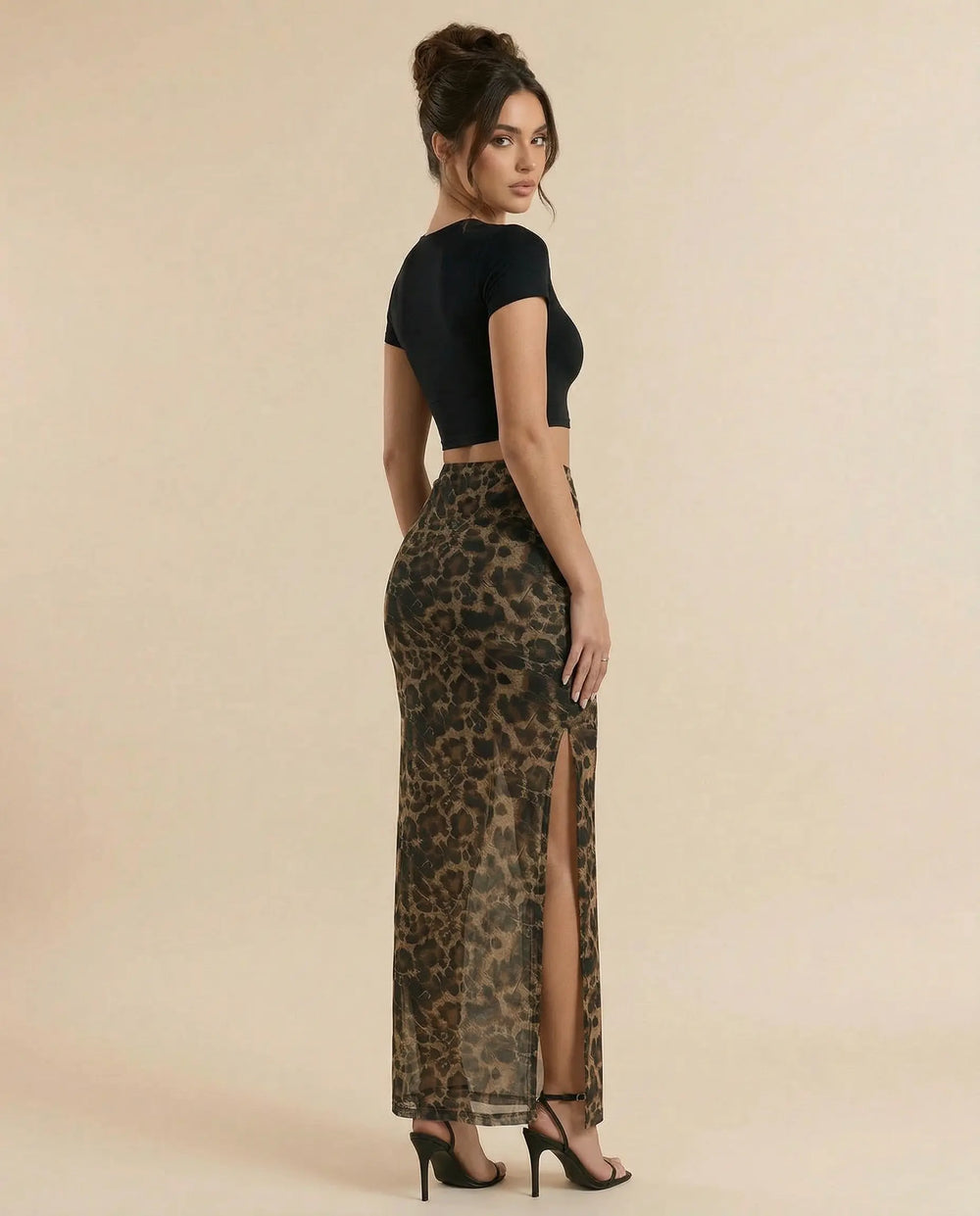 SOLACE  Leopard Print High Waist Ruched Side Split Maxi Skirt 