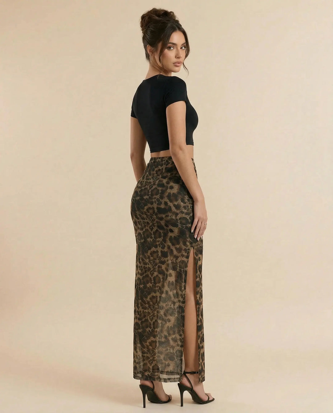 SOLACE  Leopard Print High Waist Ruched Side Split Maxi Skirt 
