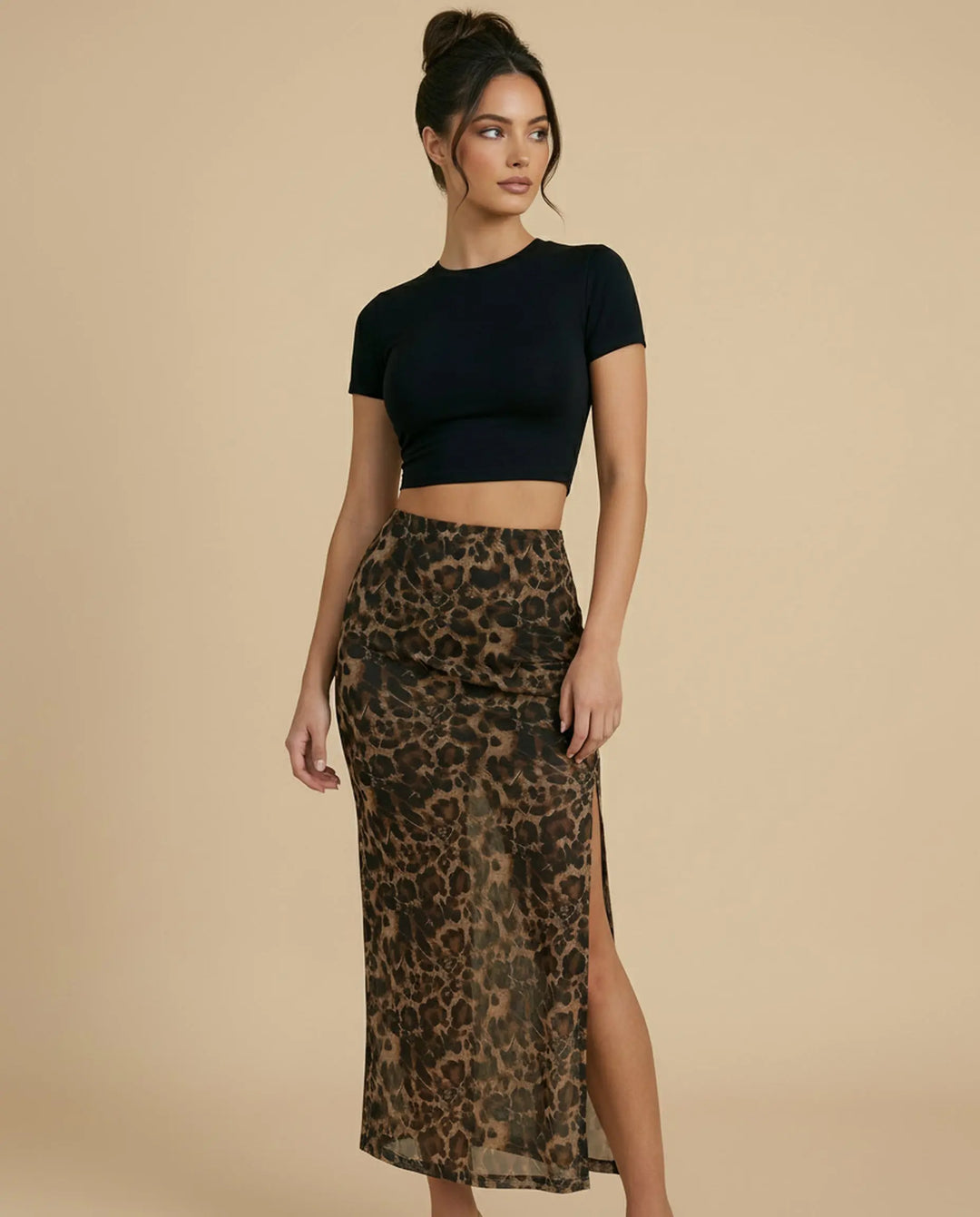 SOLACE  Leopard Print High Waist Ruched Side Split Maxi Skirt 