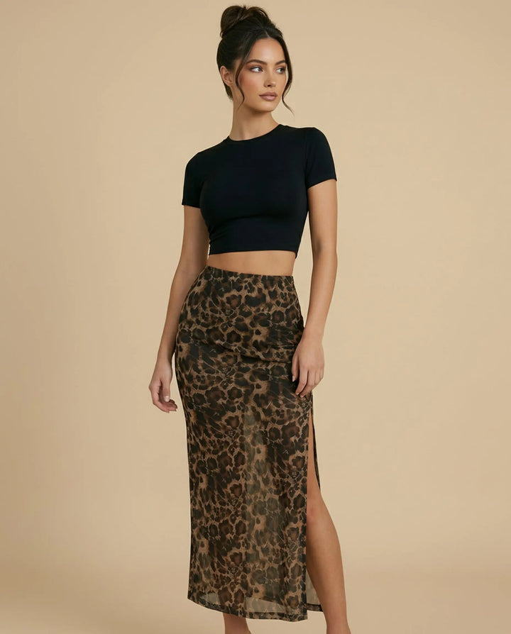 SOLACE  Leopard Print High Waist Ruched Side Split Maxi Skirt 