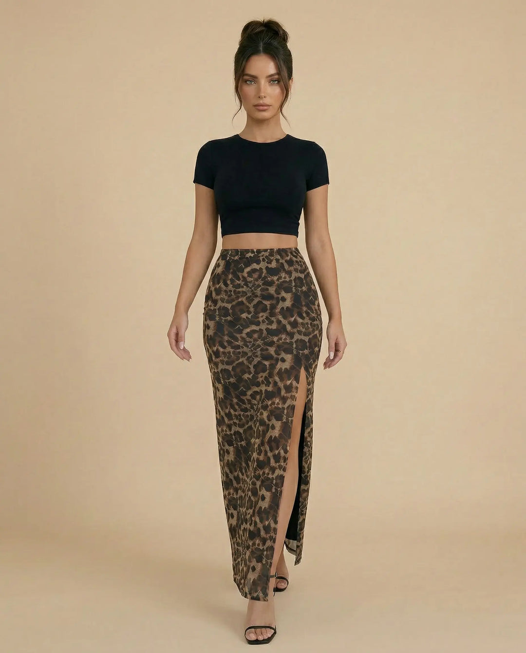 SOLACE  Leopard Print High Waist Ruched Side Split Maxi Skirt 