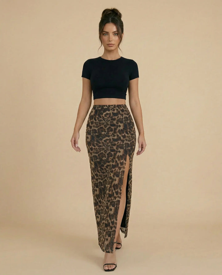 SOLACE  Leopard Print High Waist Ruched Side Split Maxi Skirt 