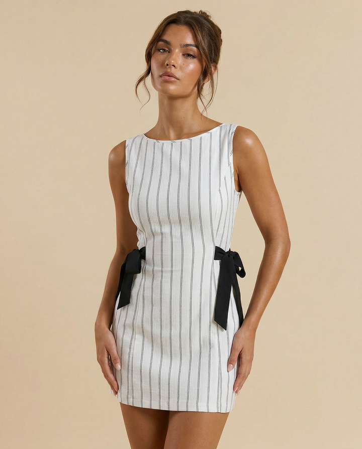 SOLACE  Striped Sleeveless Deep V-Back Mini Dress 