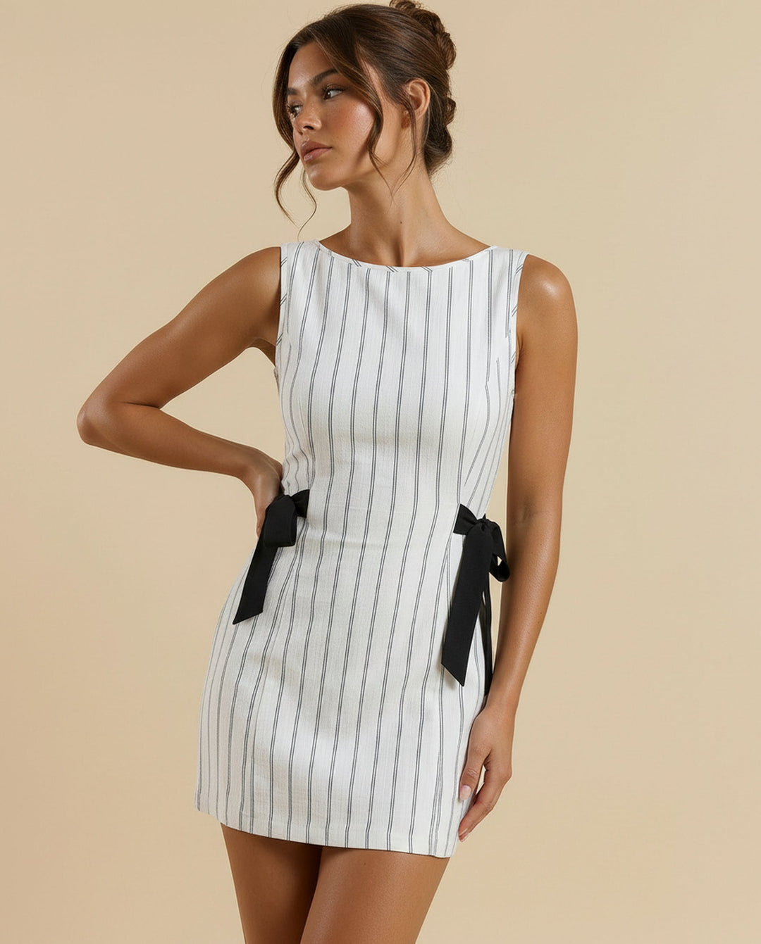 SOLACE  Striped Sleeveless Deep V-Back Mini Dress 
