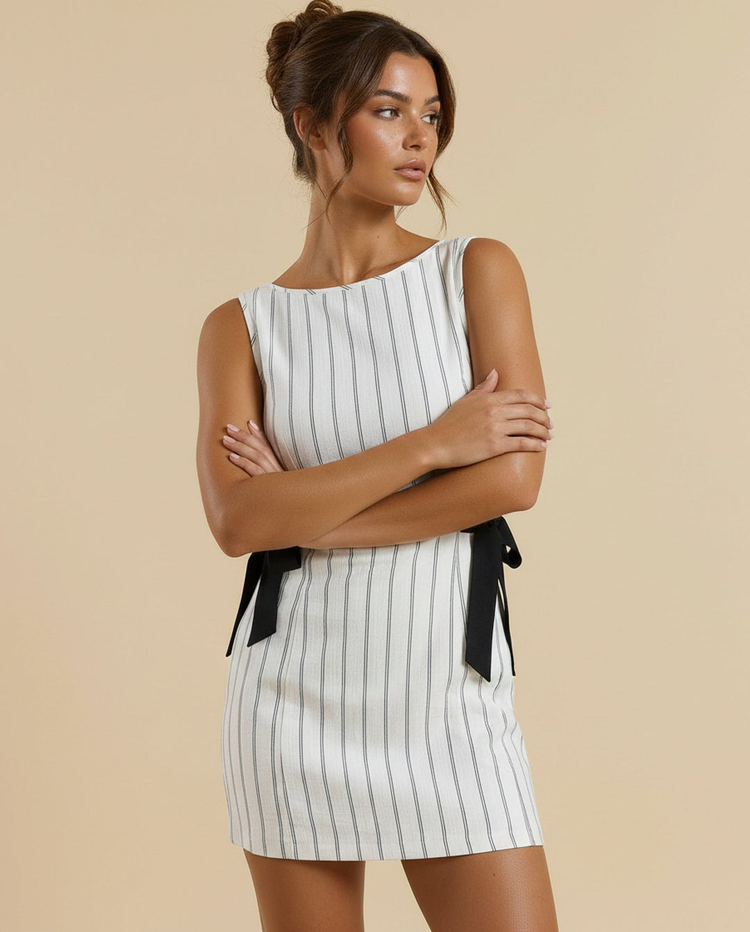 SOLACE  Striped Sleeveless Deep V-Back Mini Dress 