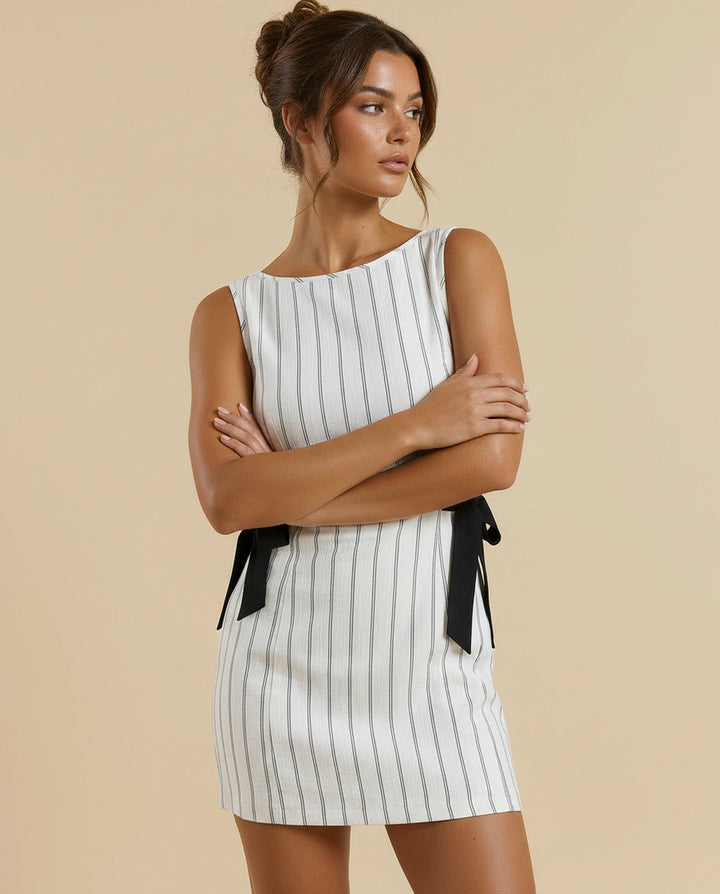 SOLACE  Striped Sleeveless Deep V-Back Mini Dress 