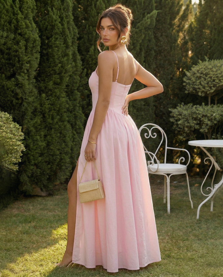SOLACE  Pink Linen Blend Square Neck Side Slit Maxi Dress 